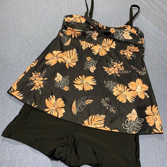 Floral Print Tankini Swimsuit Set With Boyshorts For Women Black & Orange - Picture 2 of 5
